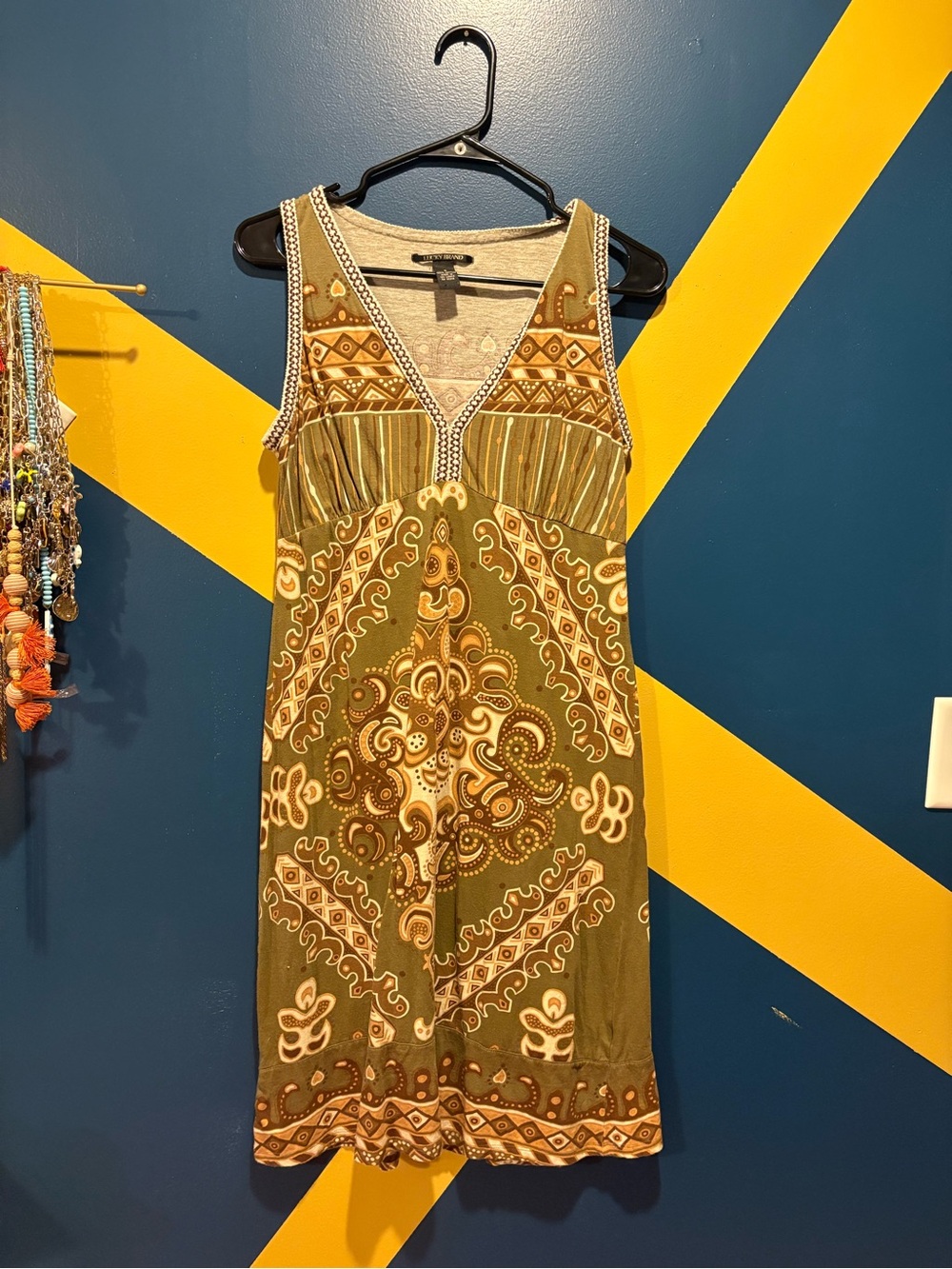 Vintage Lucky Brand Olive Green Boho Print Midi Dress EUC